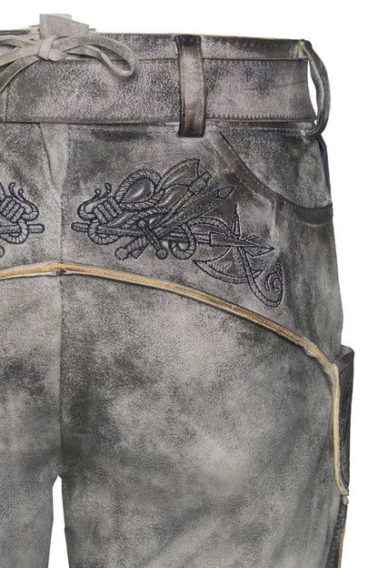 Gray leather apron with intricate designs and patterns on a white background
