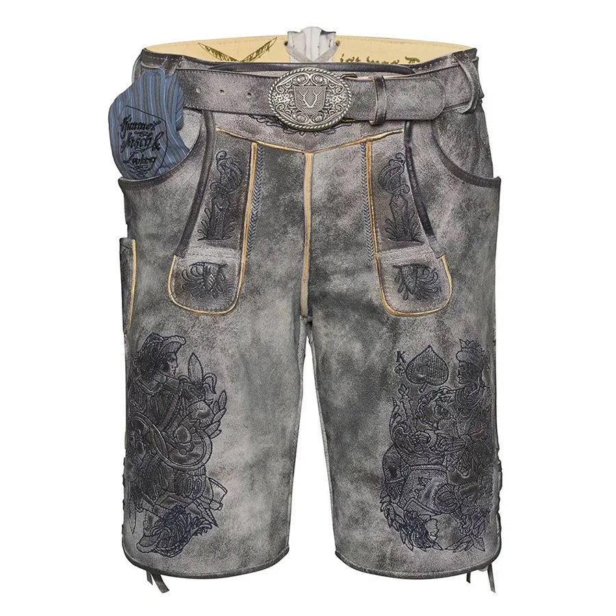 Traditional German lederhosen with intricate designs on a white background