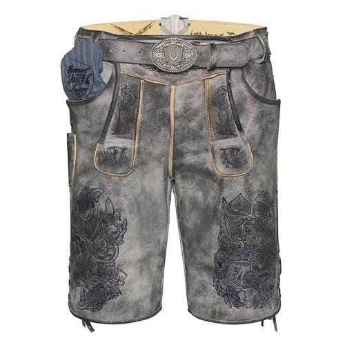 Traditional German lederhosen with intricate designs on a white background