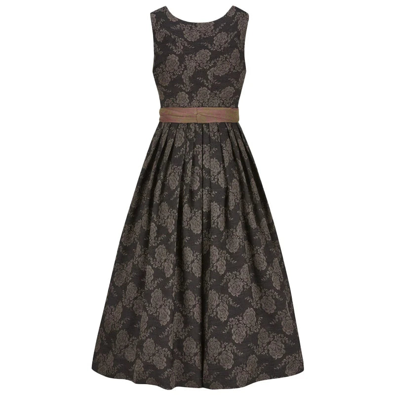 Black floral patterned dirndl dress with a brown belt on a white background