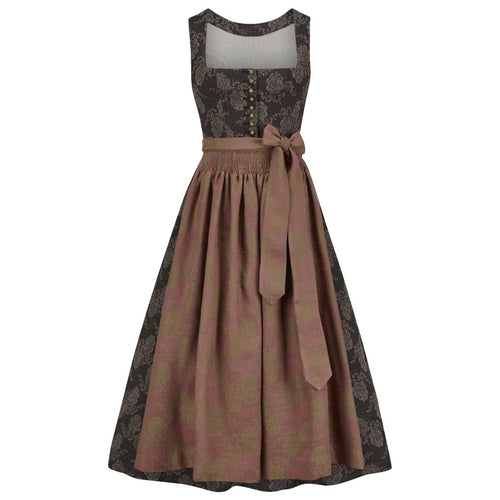 Two-tone dirndl dress with floral patterned top and solid skirt on a white background