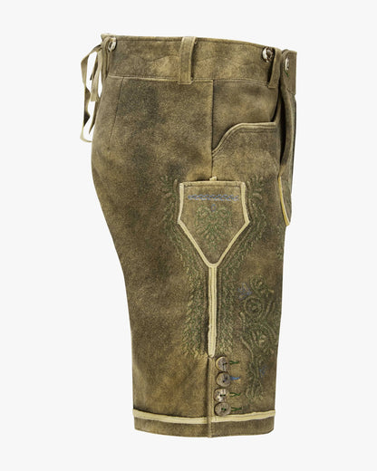 Brown leather shorts with decorative stitching on a white background