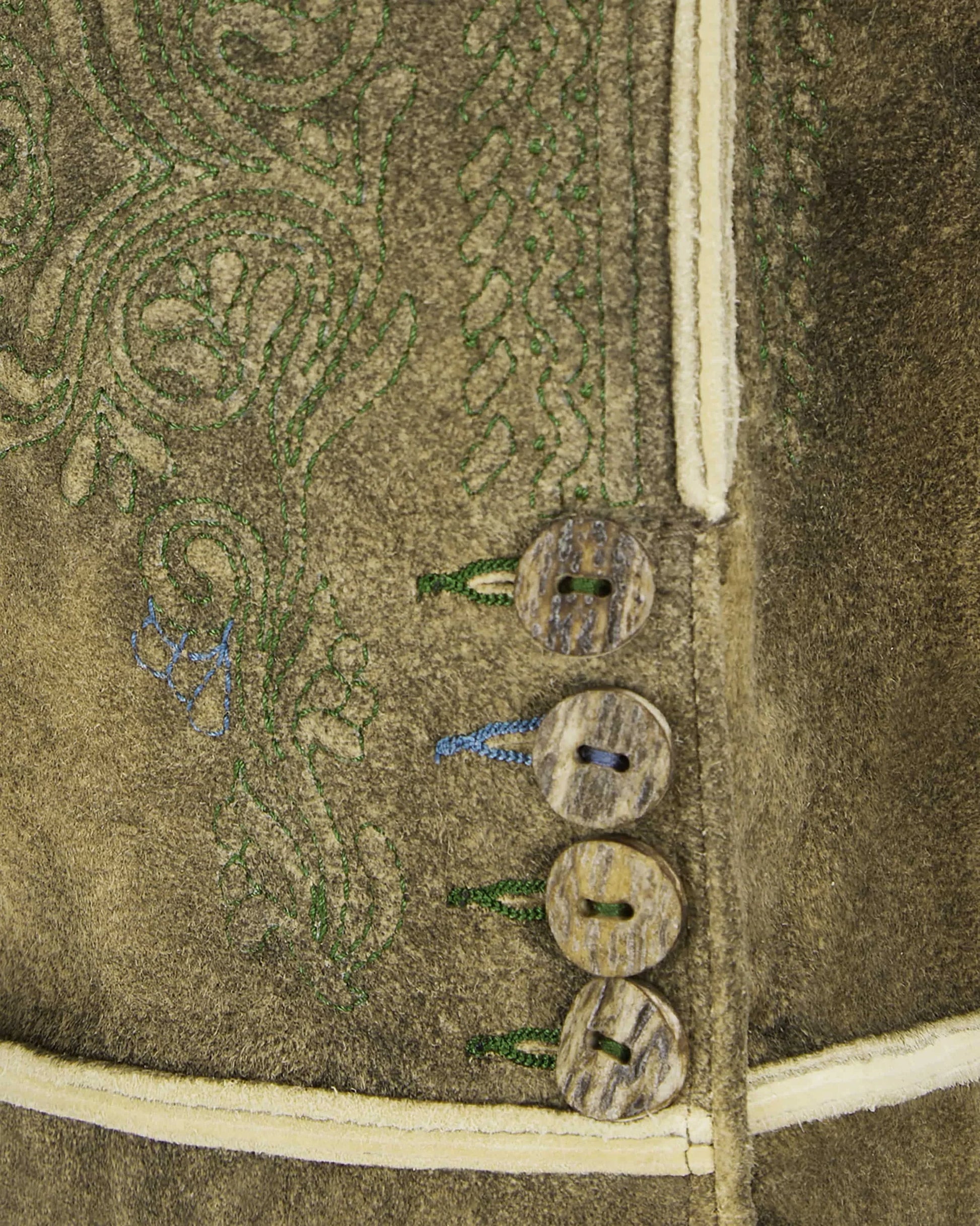 Close-up of a textured fabric with embroidered patterns and buttons on a garment.