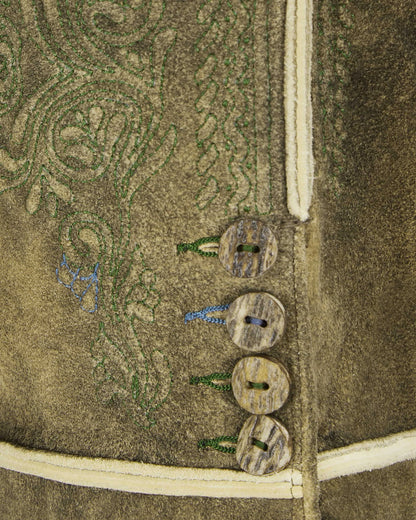 Close-up of a textured fabric with embroidered patterns and buttons on a garment.