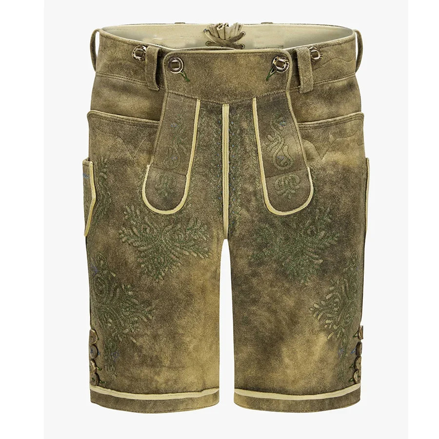 Traditional Bavarian shorts with leather-like texture on a white background