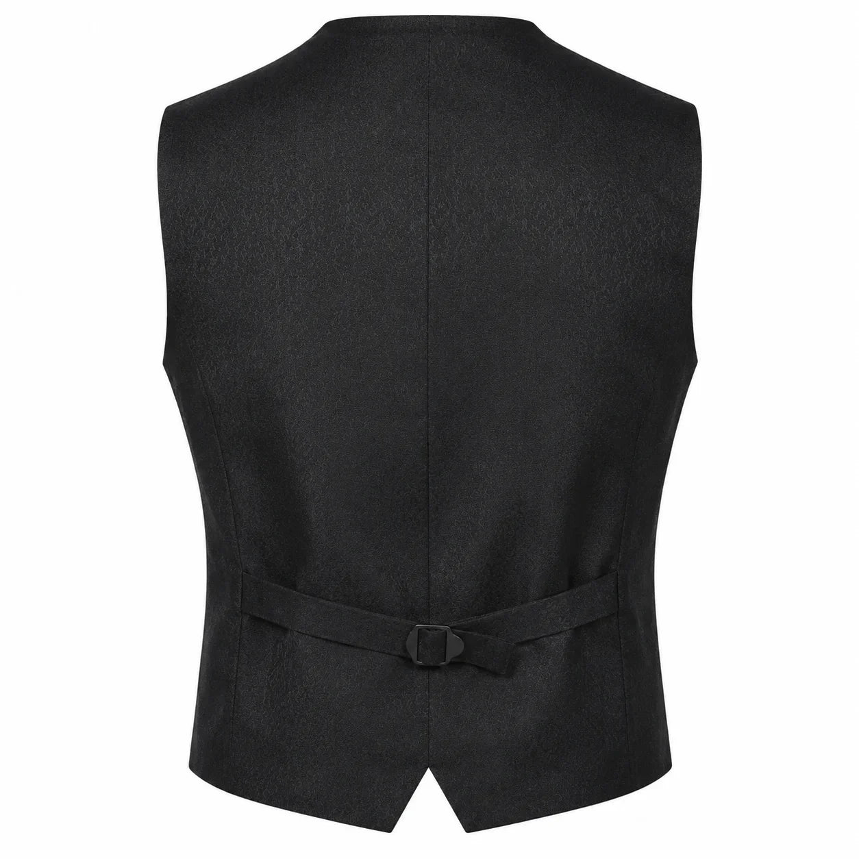Black formal waistcoat shown from the back, featuring a self-tie belt with a small buckle at the waist, set against a plain white background.