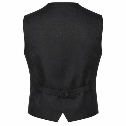 Black formal waistcoat shown from the back, featuring a self-tie belt with a small buckle at the waist, set against a plain white background.
