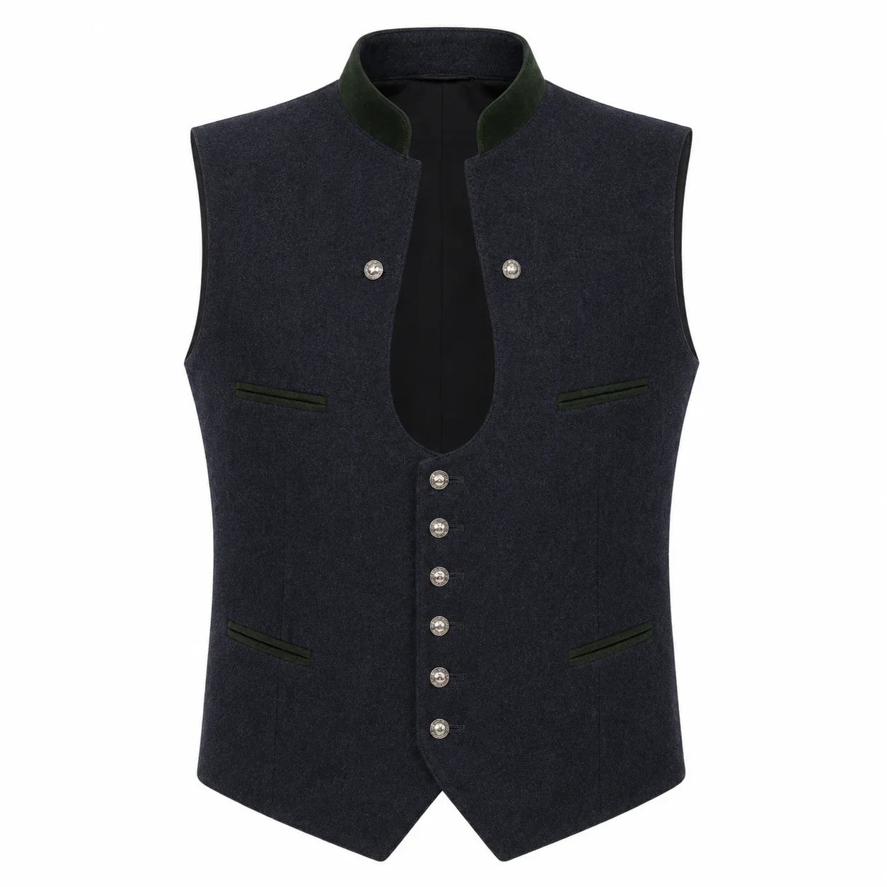 A dark navy blue wool vest with a high collar, contrasting dark green trim, and silver-tone buttons, shown against a plain white background.