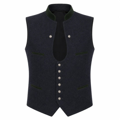 A dark navy blue wool vest with a high collar, contrasting dark green trim, and silver-tone buttons, shown against a plain white background.