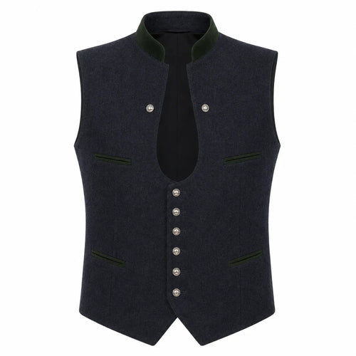 A dark navy blue wool vest with a high collar, contrasting dark green trim, and silver-tone buttons, shown against a plain white background.