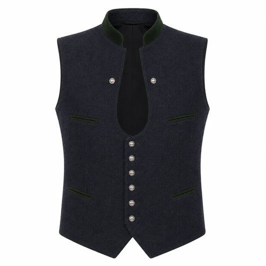 A dark navy blue wool vest with a high collar, contrasting dark green trim, and silver-tone buttons, shown against a plain white background.