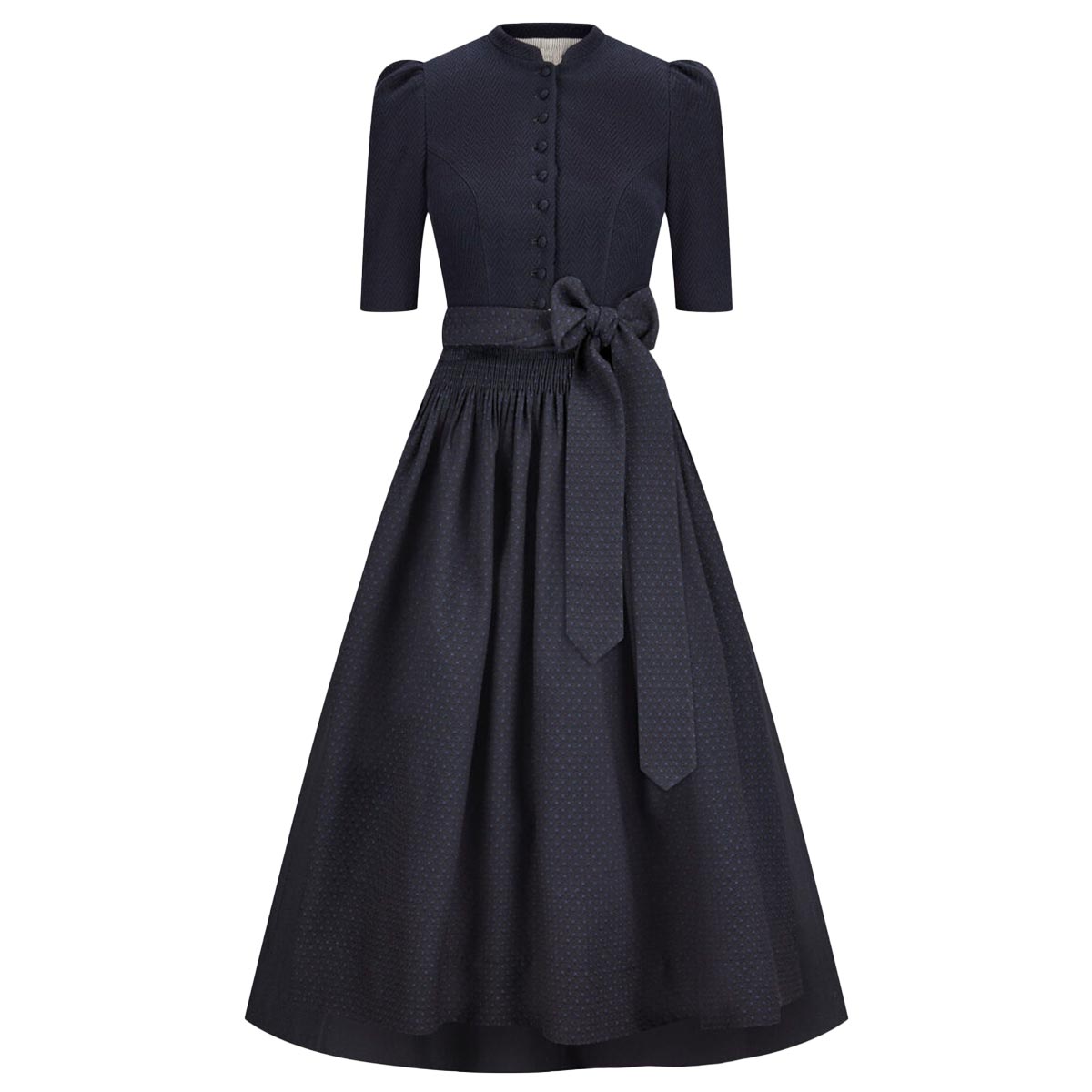 Navy blue dress with a belt on a white background