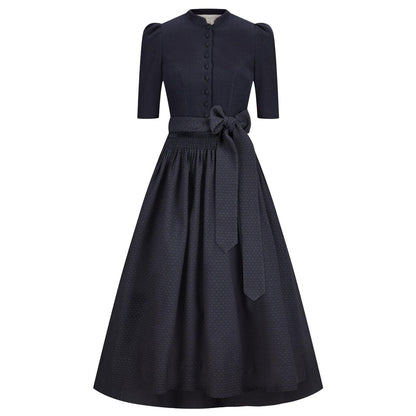 Navy blue dress with a belt on a white background