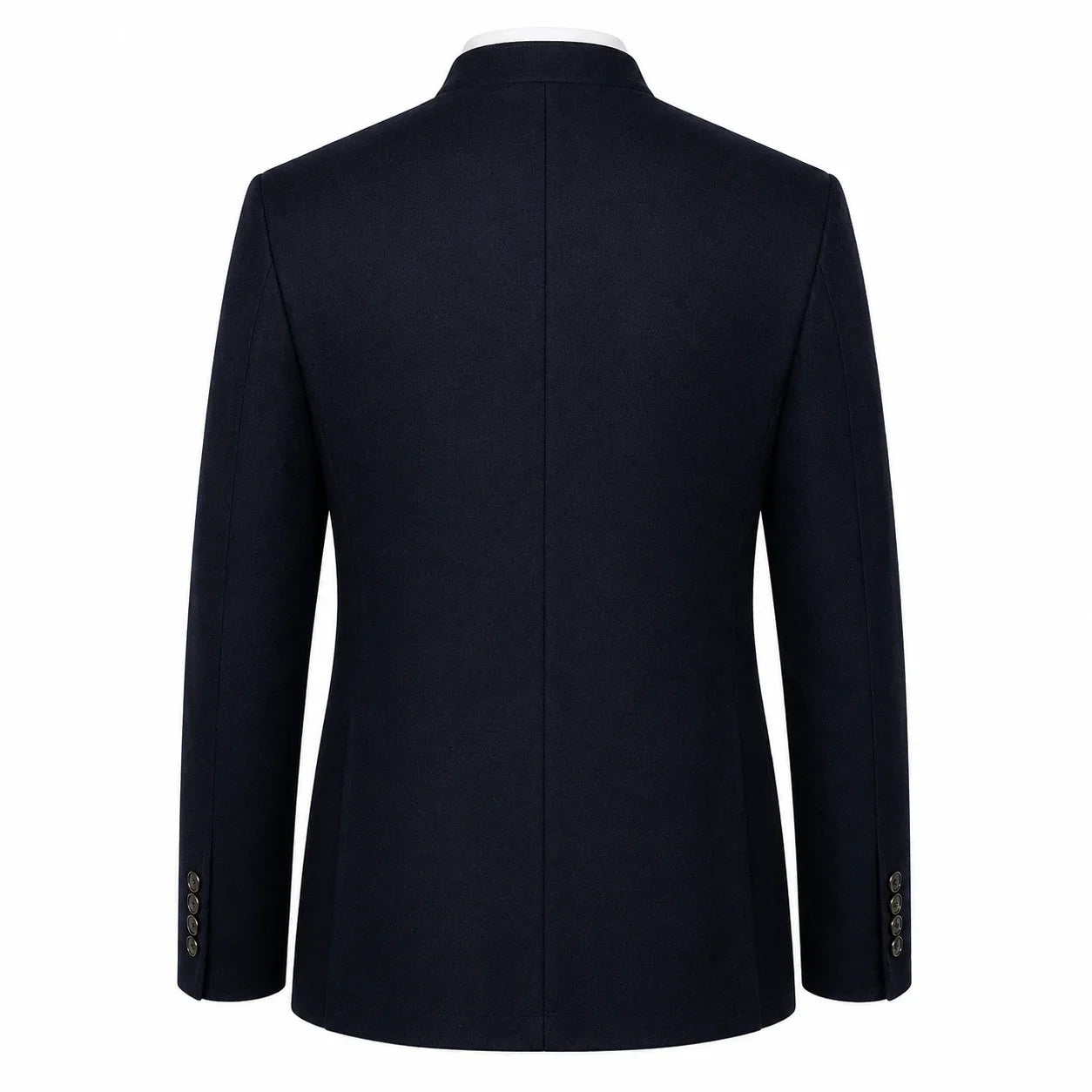 A dark navy blue blazer shown from the back, featuring a structured collar, long sleeves, and a central seam, photographed against a solid white background.