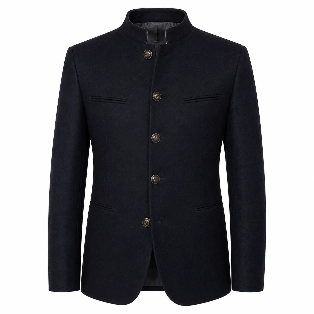 A men's dark navy blue jacket with a distinctive mandarin collar, four front buttons, and flap chest pockets, shown against a plain white background.