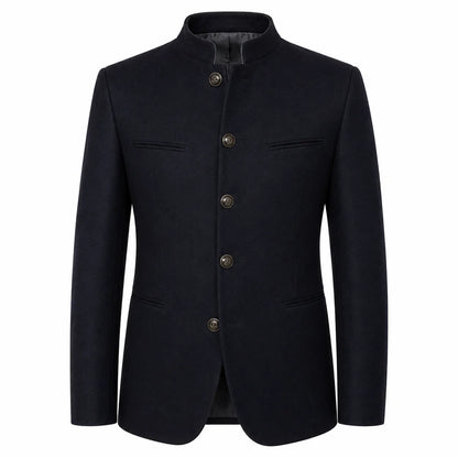 A men's dark navy blue jacket with a distinctive mandarin collar, four front buttons, and flap chest pockets, shown against a plain white background.