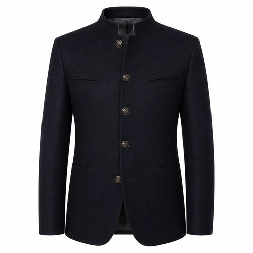 A men's dark navy blue jacket with a distinctive mandarin collar, four front buttons, and flap chest pockets, shown against a plain white background.