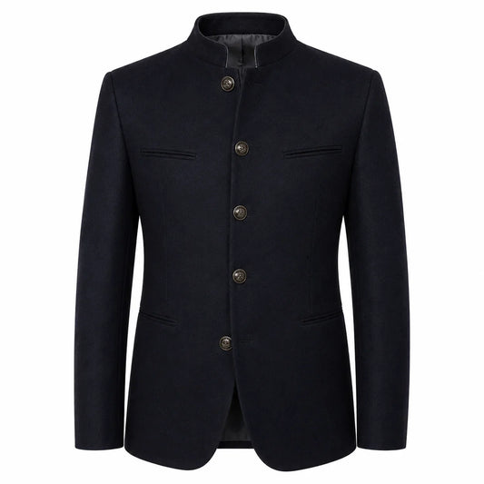 A men's dark navy blue jacket with a distinctive mandarin collar, four front buttons, and flap chest pockets, shown against a plain white background.