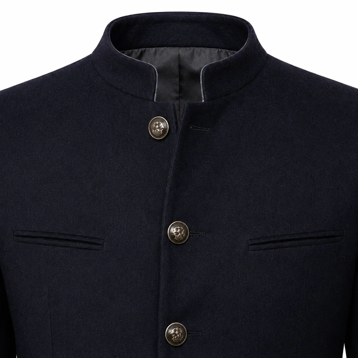 Close-up of a dark navy blue jacket with a mandarin collar, three front buttons, and welt pockets on a white background.