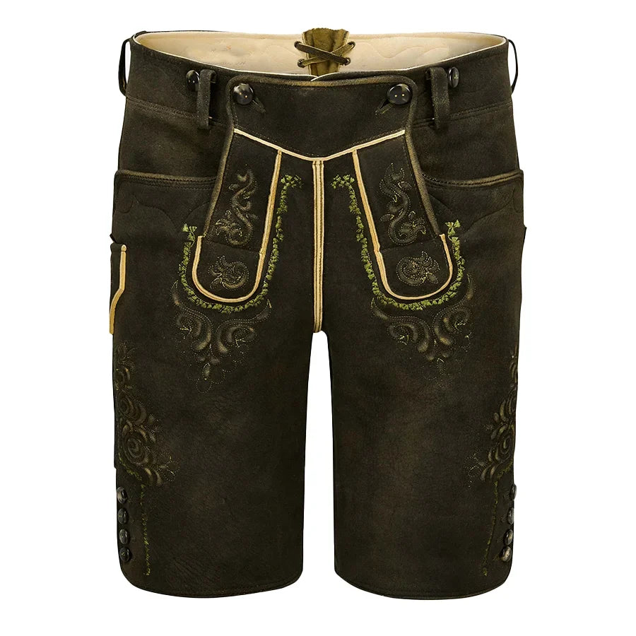 Traditional black leather shorts with gold embroidery on a white background