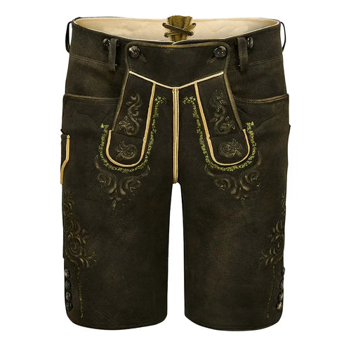 Traditional black leather shorts with gold embroidery on a white background