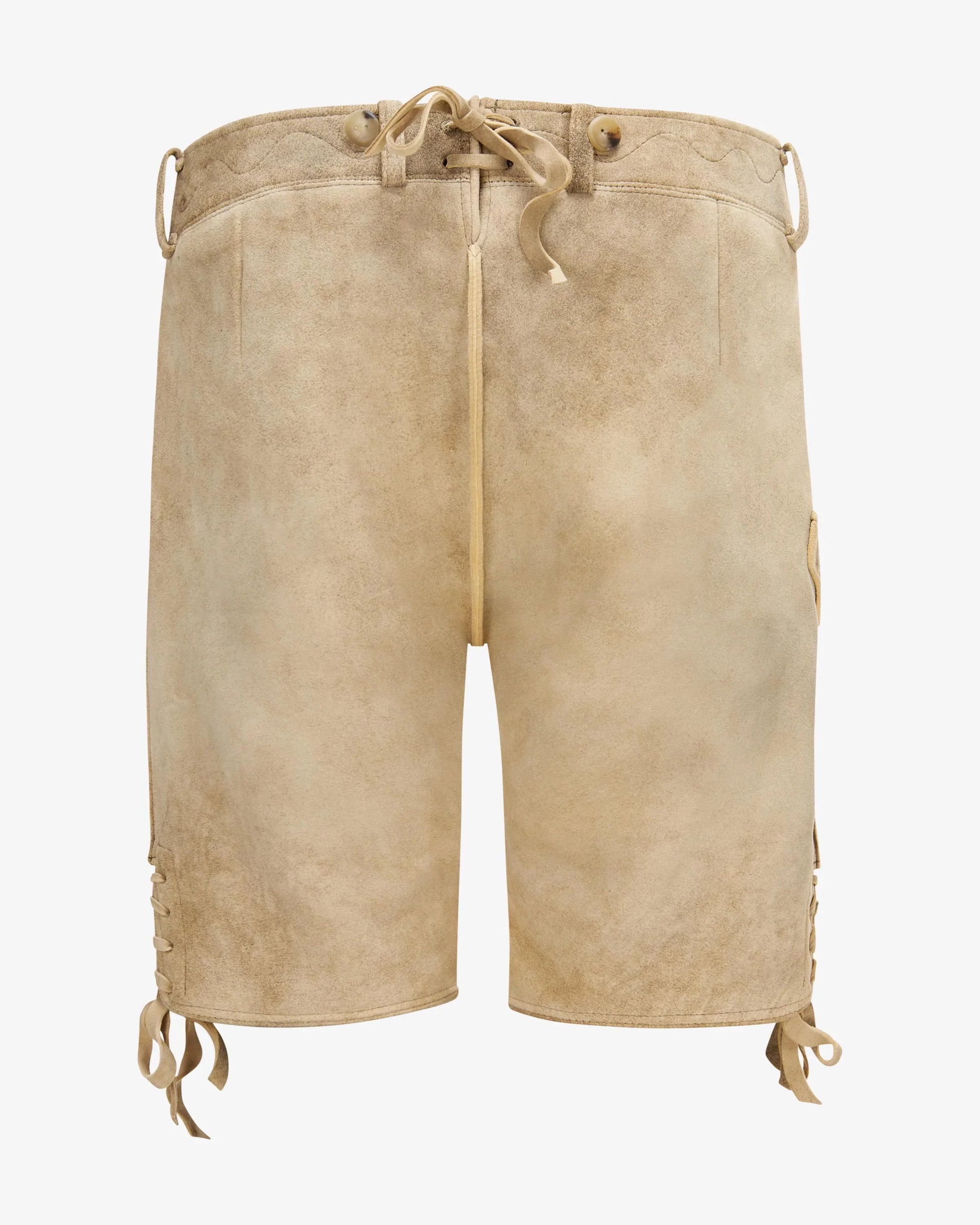 Traditional Bavarian lederhosen with floral embroidery on a white background