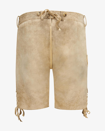 Traditional Bavarian lederhosen with floral embroidery on a white background