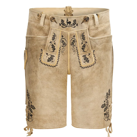 Traditional Bavarian lederhosen with floral embroidery on a white background