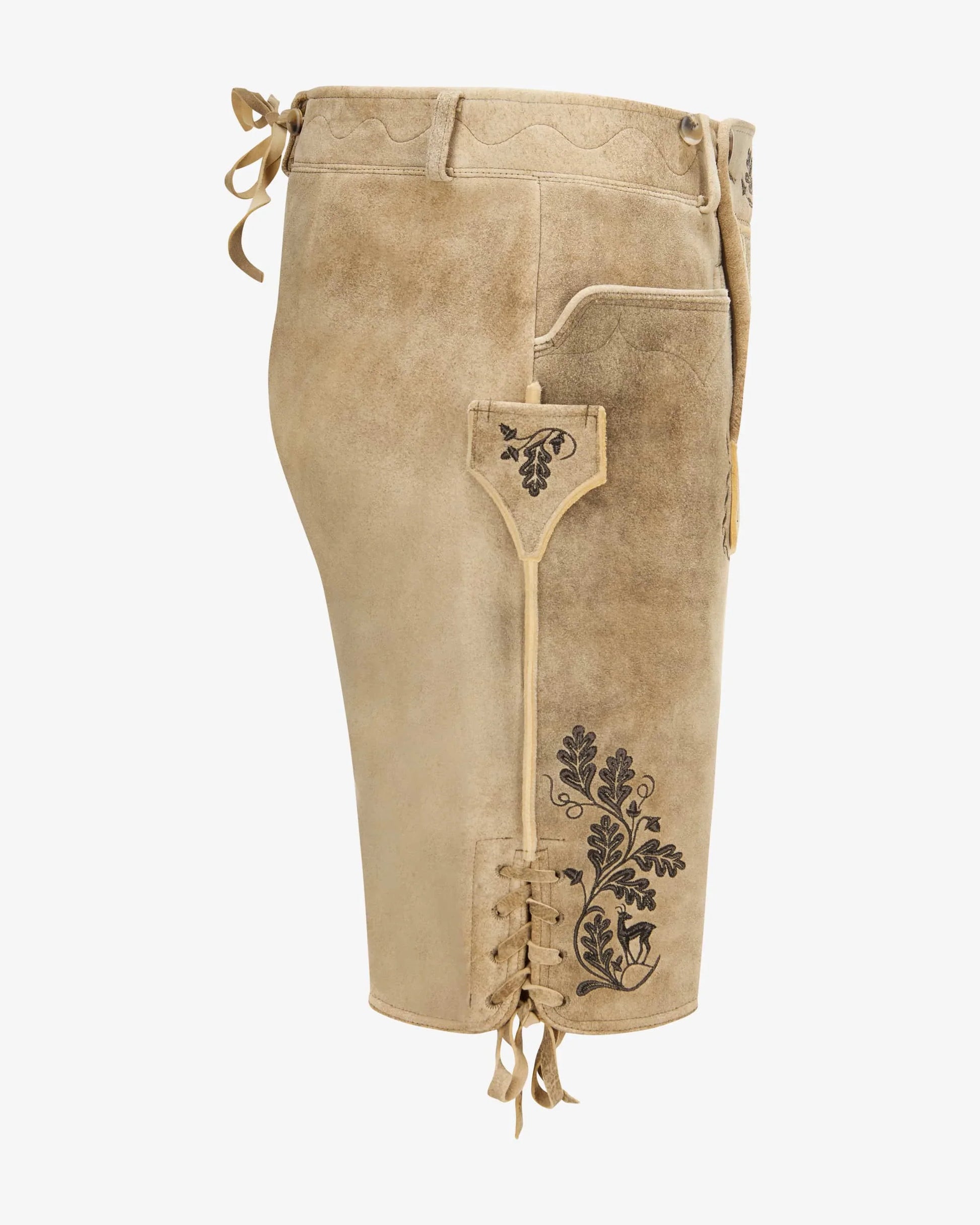 Beige leather shorts with decorative stitching on a white background