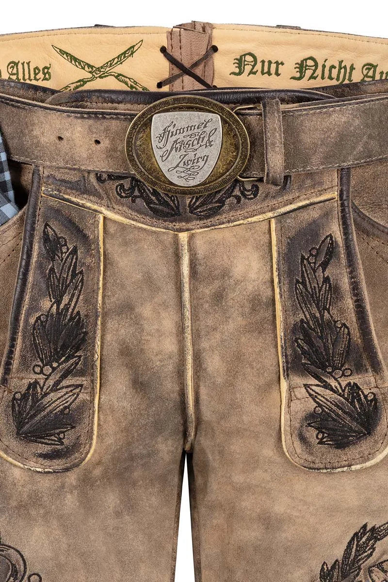 Brown leather pants with decorative stitching and a belt buckle on a white background