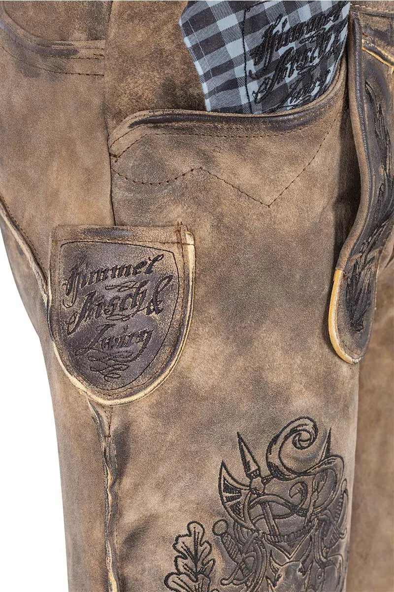 Brown leather pants with embossed designs and a brand logo on a white background