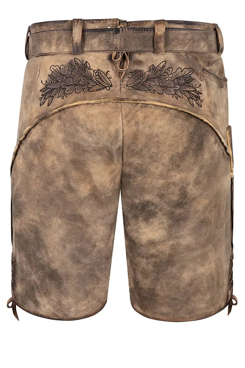 Brown leather shorts with decorative elements on a white background