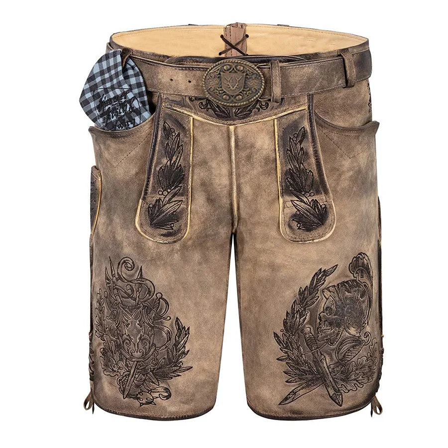Brown leather shorts with decorative patterns and a belt on a white background