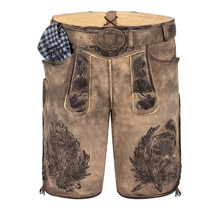 Brown leather shorts with decorative patterns and a belt on a white background