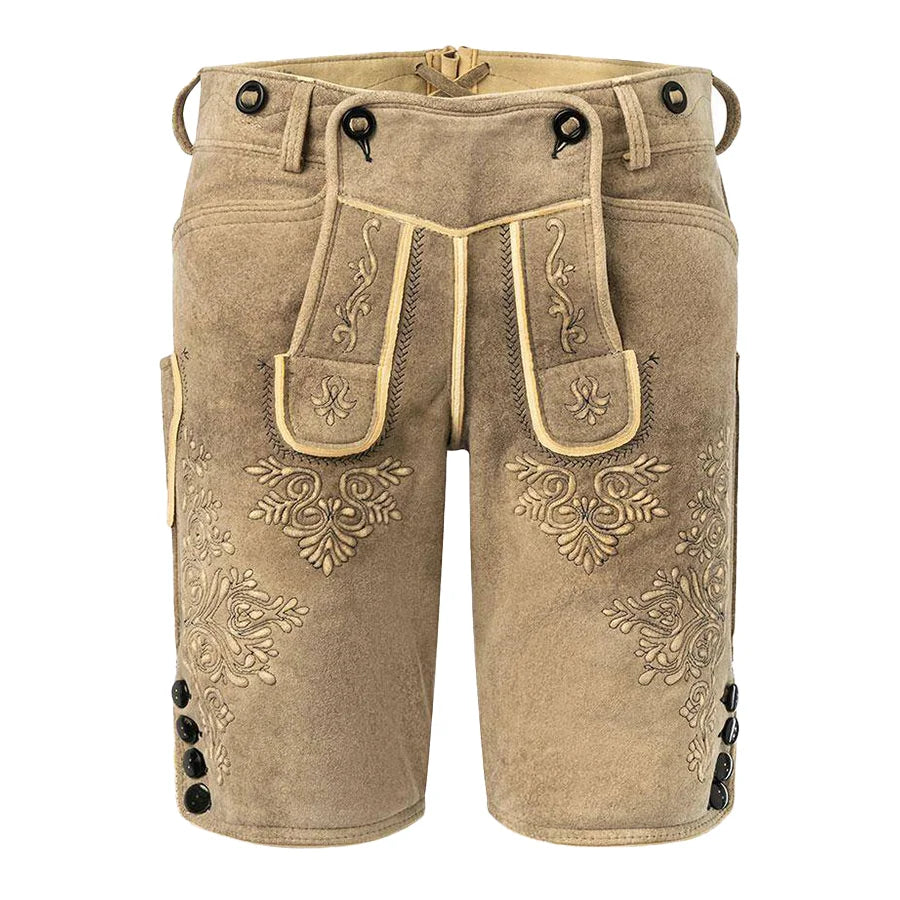 Beige traditional shorts with embroidery and button details on a white background