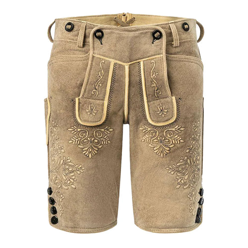 Beige traditional shorts with embroidery and button details on a white background