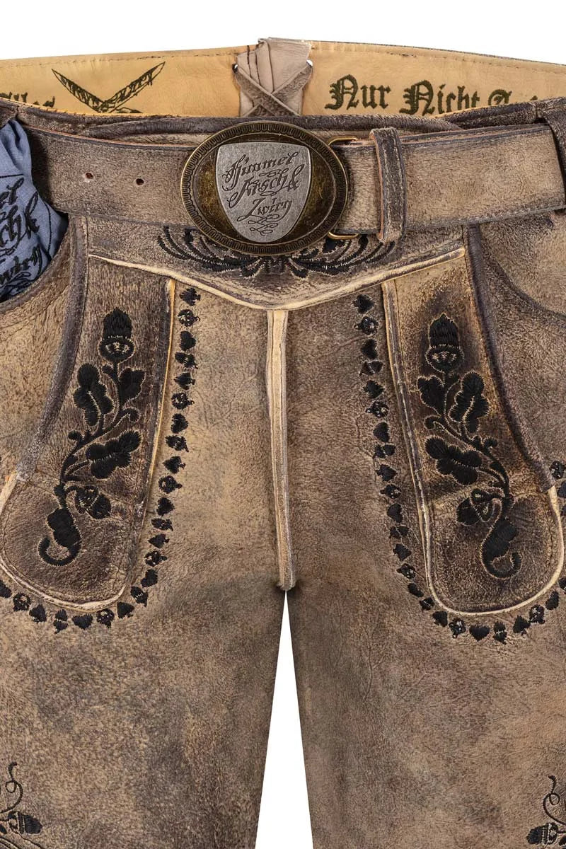 Traditional Bavarian lederhosen with decorative stitching and a brand logo on a white background