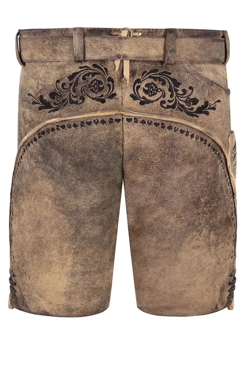 Brown leather shorts with decorative patterns on a white background
