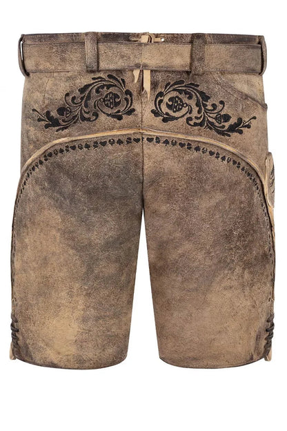 Brown leather shorts with decorative patterns on a white background