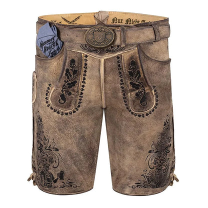 Brown leather shorts with decorative patterns and a belt on a white background
