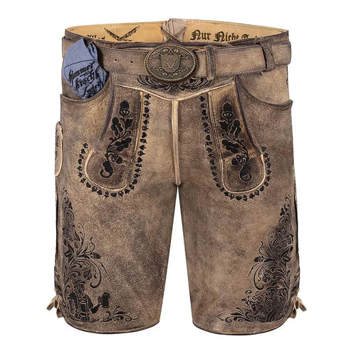 Brown leather shorts with decorative patterns and a belt on a white background