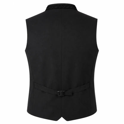 Black men's waistcoat vest shown from the back, featuring a braided collar and a matching waist tie with a buckle, on a solid white background.