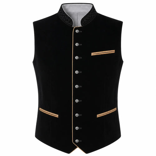 A black velvet men's waistcoat vest with gold trim, featuring a mandarin collar, decorative button details, and a button-down front, shown on a plain white background.