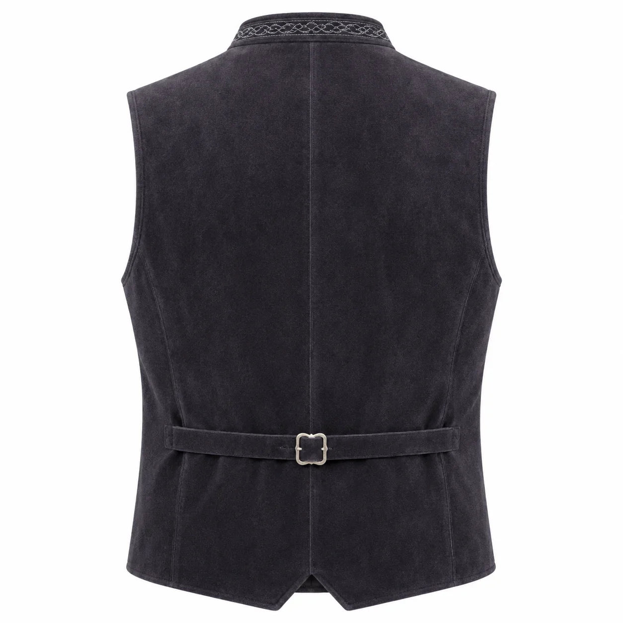 A dark charcoal gray vest shown from the back, featuring a matching waist belt with a silver buckle and a textured patterned collar, set against a plain white background.