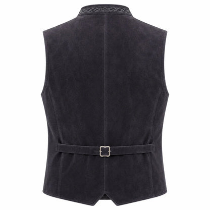A dark charcoal gray vest shown from the back, featuring a matching waist belt with a silver buckle and a textured patterned collar, set against a plain white background.
