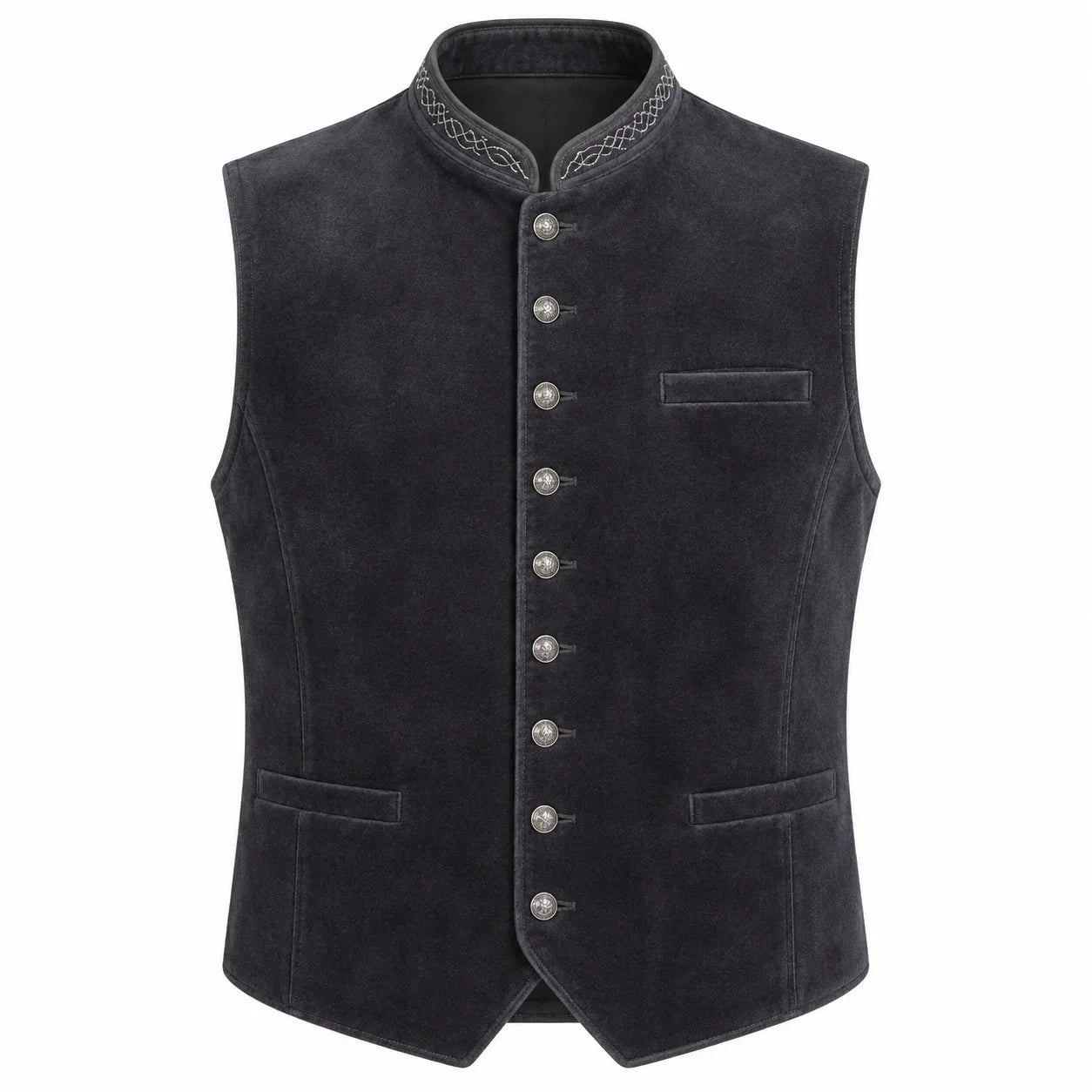 A dark charcoal gray suede vest with a mandarin collar, decorative embroidered trim, and silver-tone buttons down the front, displayed on a solid white background.