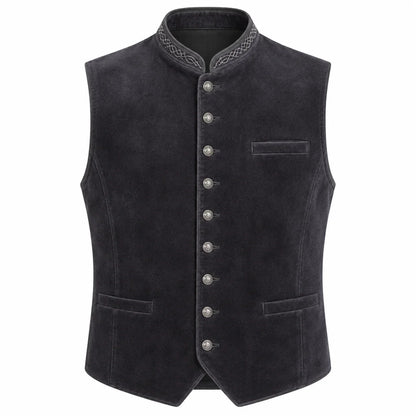 A dark charcoal gray suede vest with a mandarin collar, decorative embroidered trim, and silver-tone buttons down the front, displayed on a solid white background.