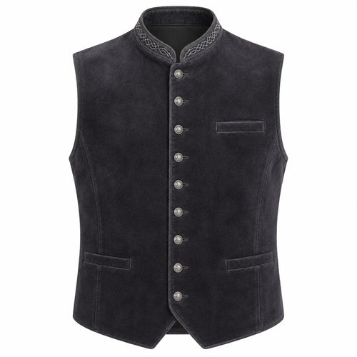 A dark charcoal gray suede vest with a mandarin collar, decorative embroidered trim, and silver-tone buttons down the front, displayed on a solid white background.
