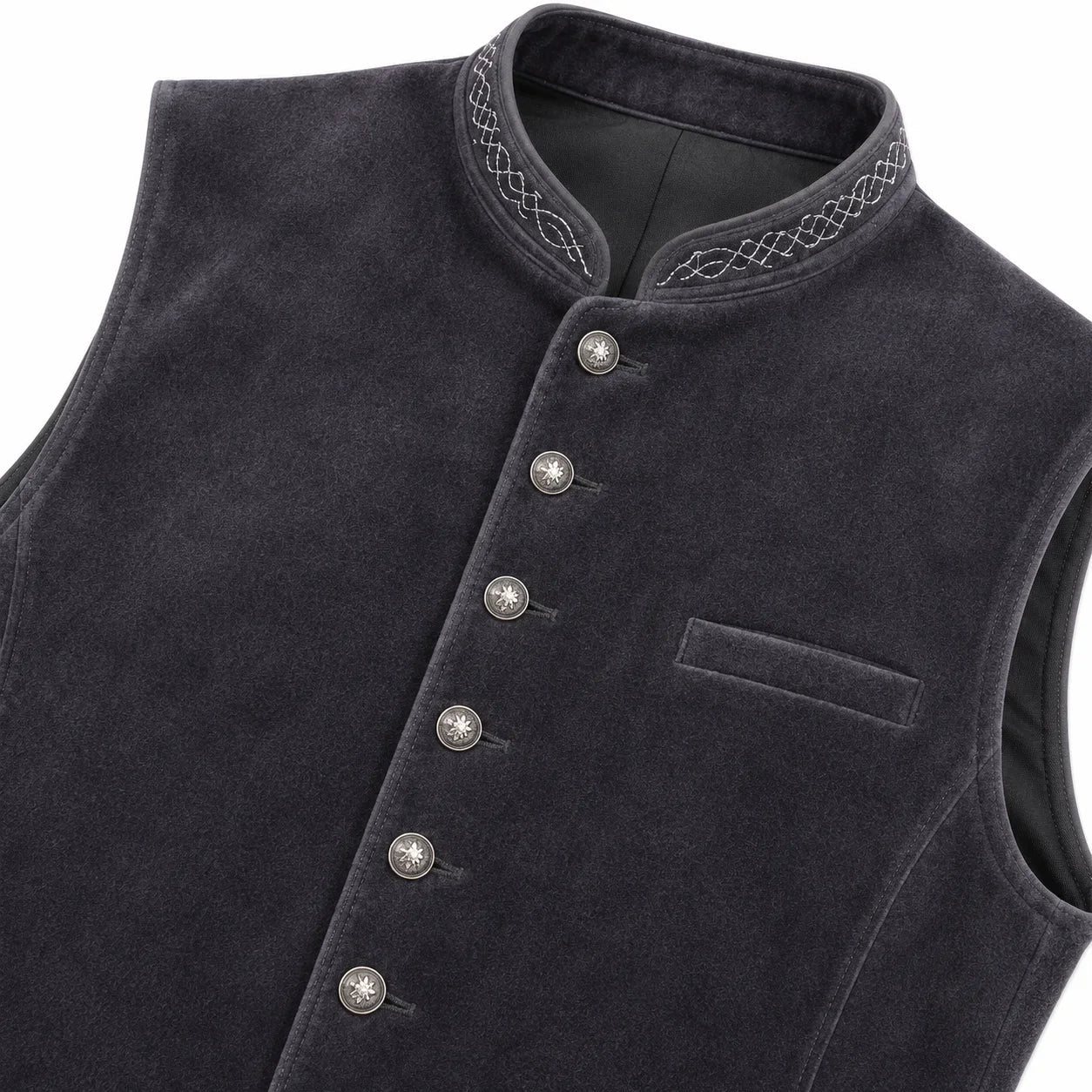 A close-up of a dark charcoal gray velvet vest with a mandarin collar, decorative embroidered trim, and silver-toned buttons down the front.