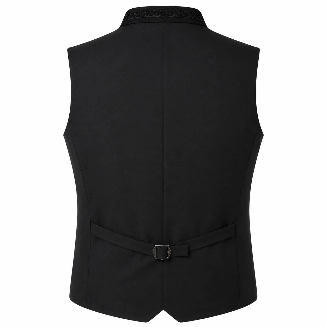 Black men's waistcoat vest with a self-tie belt and decorative collar trim, shown from the back on a white background.